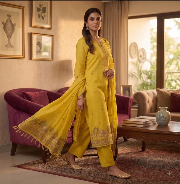 Yellow_Muga_Banarasi_Cotton_Weaving_Unstitched_Kurta_Set_For_Women