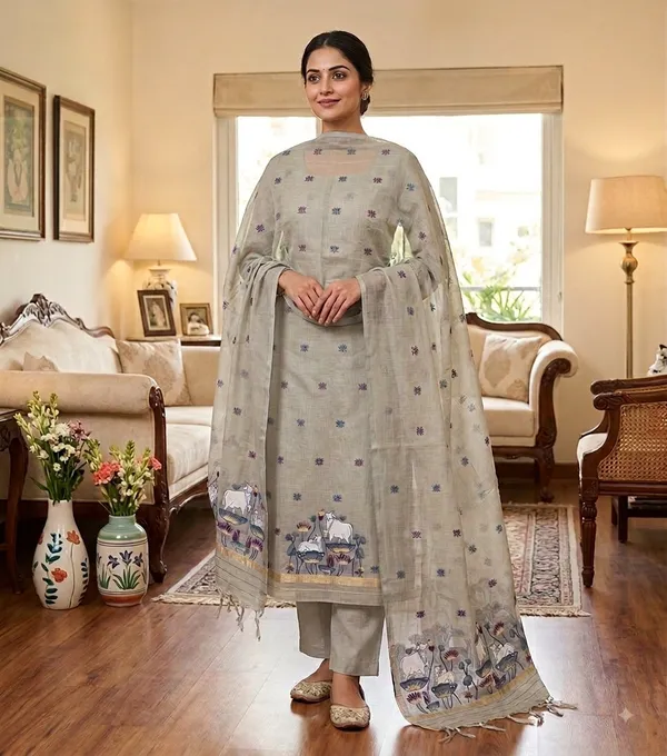 Grey_Muga_Banarasi_Cotton_Weaving_Unstitched_Kurta_Set_For_Women