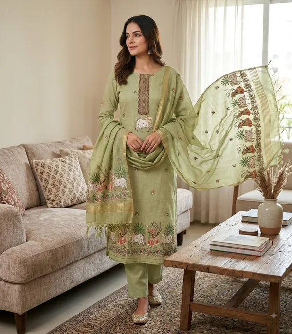 Green_Muga_Banarasi_Cotton_Weaving_Unstitched_Kurta_Set_For_Women