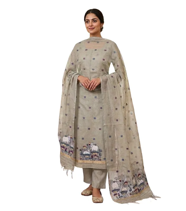 Grey_Muga_Banarasi_Cotton_Weaving_Unstitched_Kurta_Set_For_Women