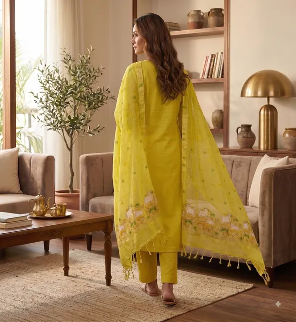 Yellow_Muga_Banarasi_Cotton_Weaving_Unstitched_Kurta_Set_For_Women