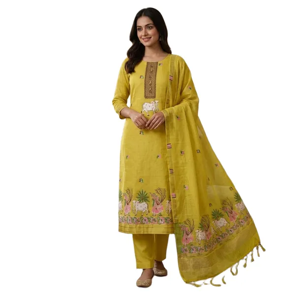 Yellow_Muga_Banarasi_Cotton_Weaving_Unstitched_Kurta_Set_For_Women