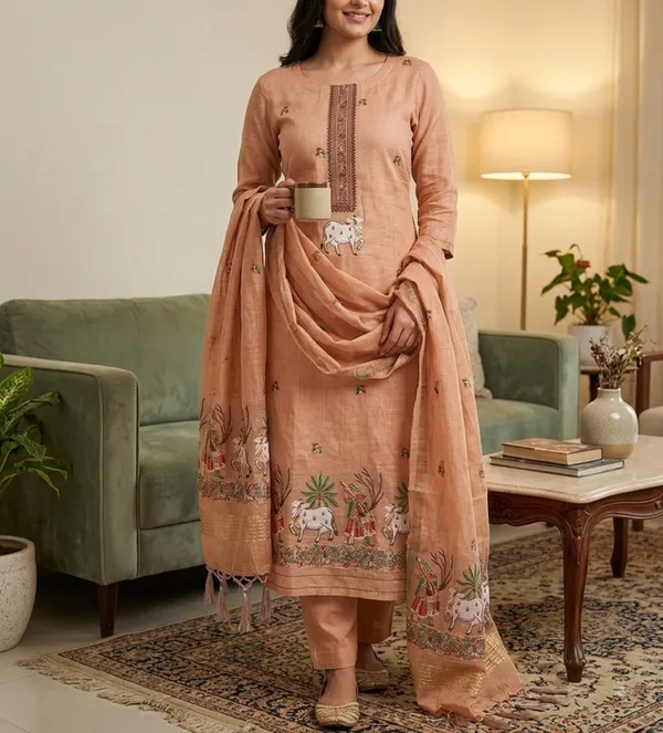 Peach_Muga_Banarasi_Cotton_Weaving_Unstitched_Kurta_Set_For_Women