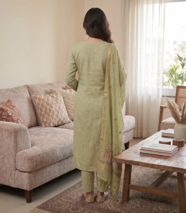 Green_Muga_Banarasi_Cotton_Weaving_Unstitched_Kurta_Set_For_Women
