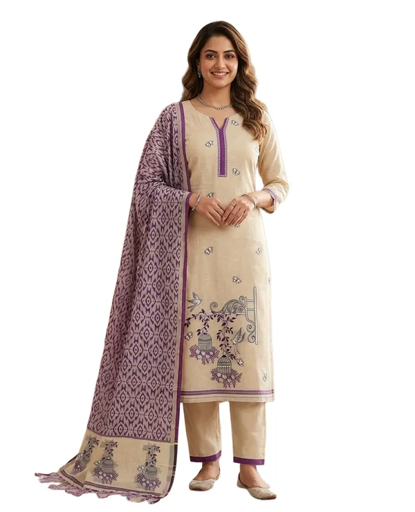 Cream_And_Purple_Muga_Banarasi_Cotton_Weaving_Unstitched_Kurta_Set_For_Women