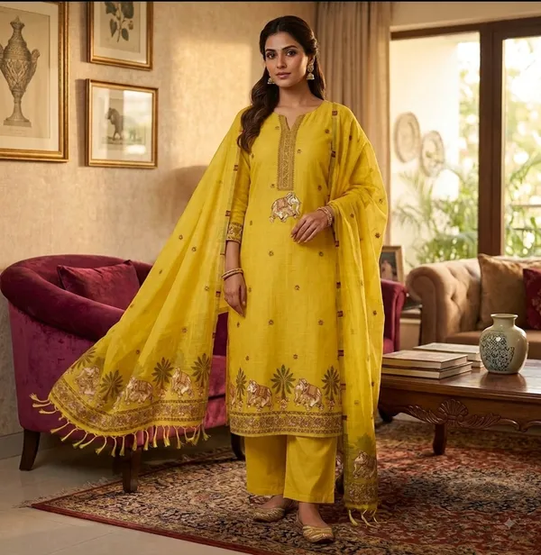 Yellow_Muga_Banarasi_Cotton_Weaving_Unstitched_Kurta_Set_For_Women