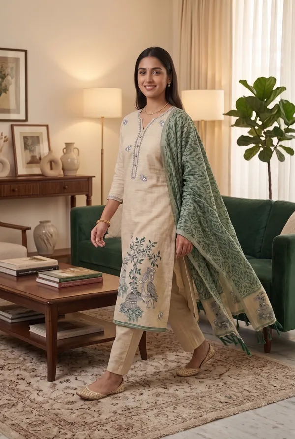 Cream_And_Green_Muga_Banarasi_Cotton_Weaving_Unstitched_Kurta_Set_For_Women