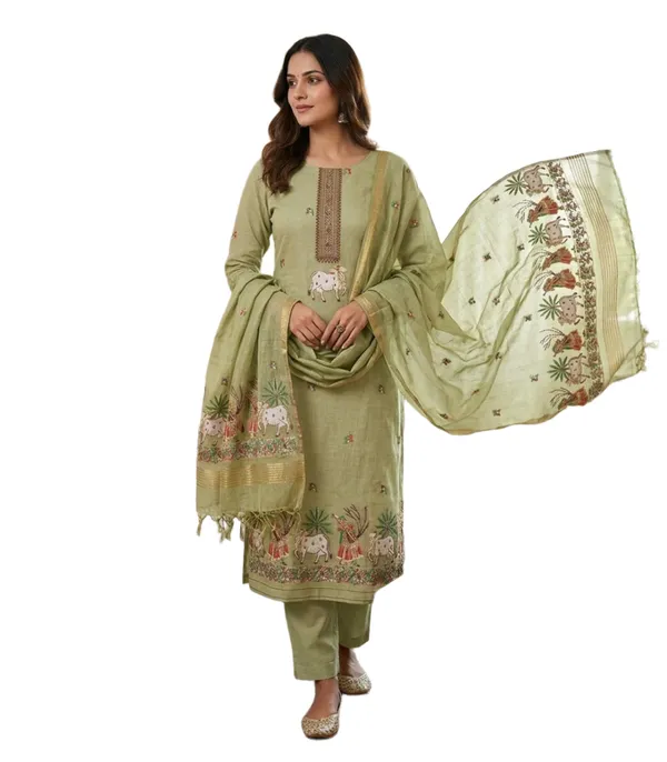Green_Muga_Banarasi_Cotton_Weaving_Unstitched_Kurta_Set_For_Women