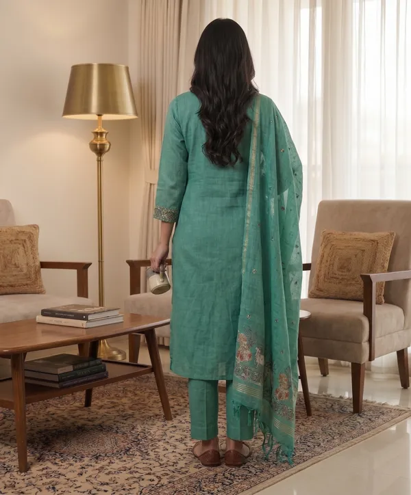 Green_Muga_Banarasi_Cotton_Weaving_Unstitched_Kurta_Set_For_Women