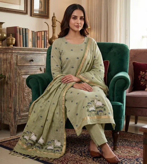 Sage_Green_Muga_Banarasi_Cotton_Weaving_Unstitched_Kurta_Set_For_Women