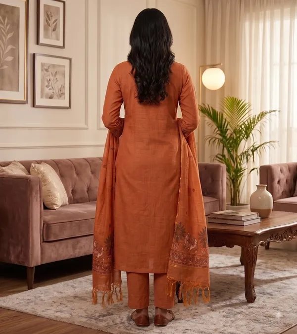 Rust_Muga_Banarasi_Cotton_Weaving_Unstitched_Kurta_Set_For_Women