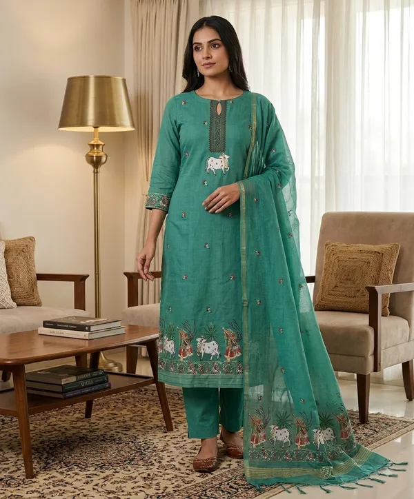 Green_Muga_Banarasi_Cotton_Weaving_Unstitched_Kurta_Set_For_Women