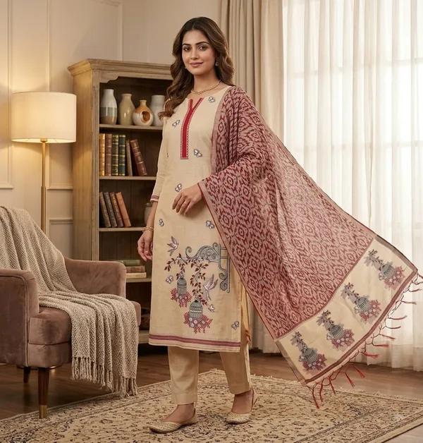 Beige_Muga_Banarasi_Cotton_Weaving_Unstitched_Kurta_Set_For_Women