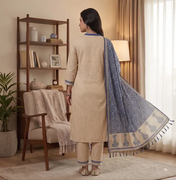 Beige_Muga_Banarasi_Cotton_Weaving_Unstitched_Kurta_Set_For_Women