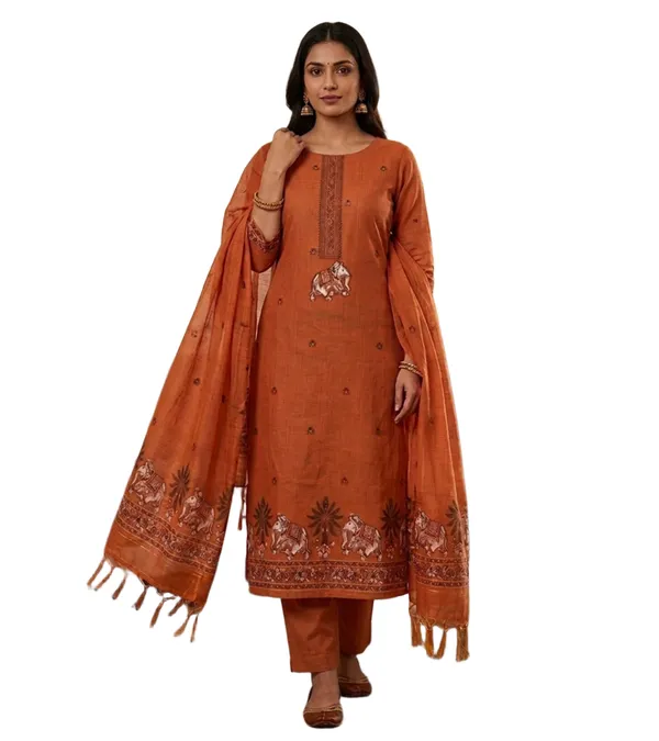 Rust_Muga_Banarasi_Cotton_Weaving_Unstitched_Kurta_Set_For_Women