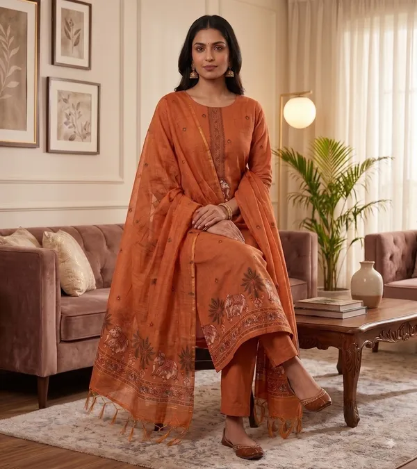 Rust_Muga_Banarasi_Cotton_Weaving_Unstitched_Kurta_Set_For_Women
