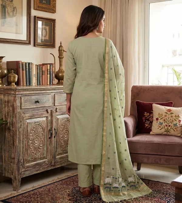 Sage_Green_Muga_Banarasi_Cotton_Weaving_Unstitched_Kurta_Set_For_Women