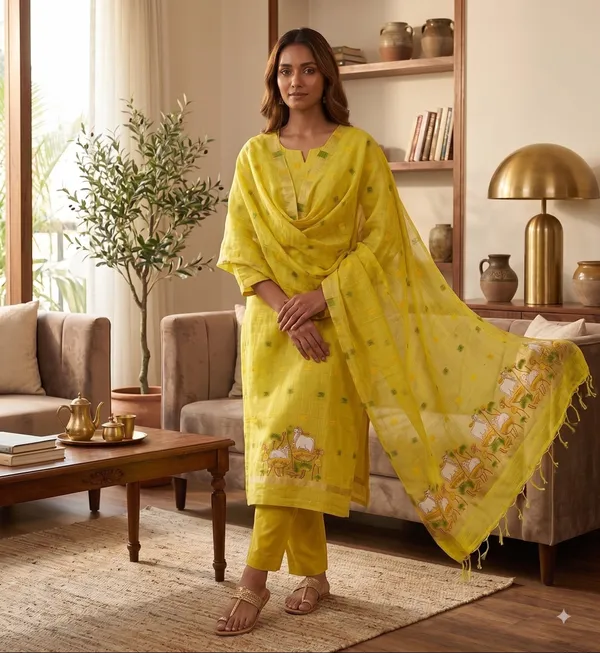 Yellow_Muga_Banarasi_Cotton_Weaving_Unstitched_Kurta_Set_For_Women