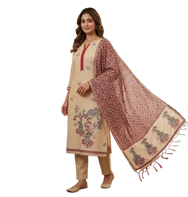 Beige_Muga_Banarasi_Cotton_Weaving_Unstitched_Kurta_Set_For_Women