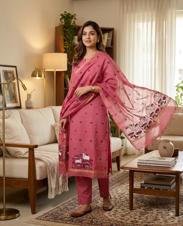 Pink_Muga_Banarasi_Cotton_Weaving_Unstitched_Kurta_Set_For_Women