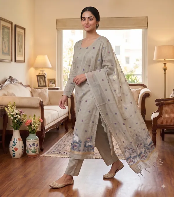 Grey_Muga_Banarasi_Cotton_Weaving_Unstitched_Kurta_Set_For_Women