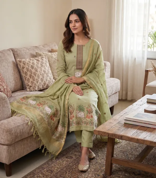 Green_Muga_Banarasi_Cotton_Weaving_Unstitched_Kurta_Set_For_Women
