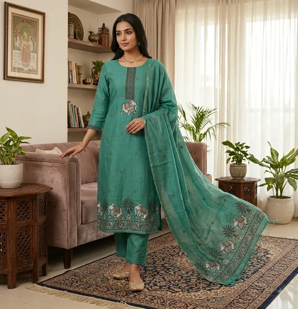 Green_Muga_Banarasi_Cotton_Weaving_Unstitched_Kurta_Set_For_Women