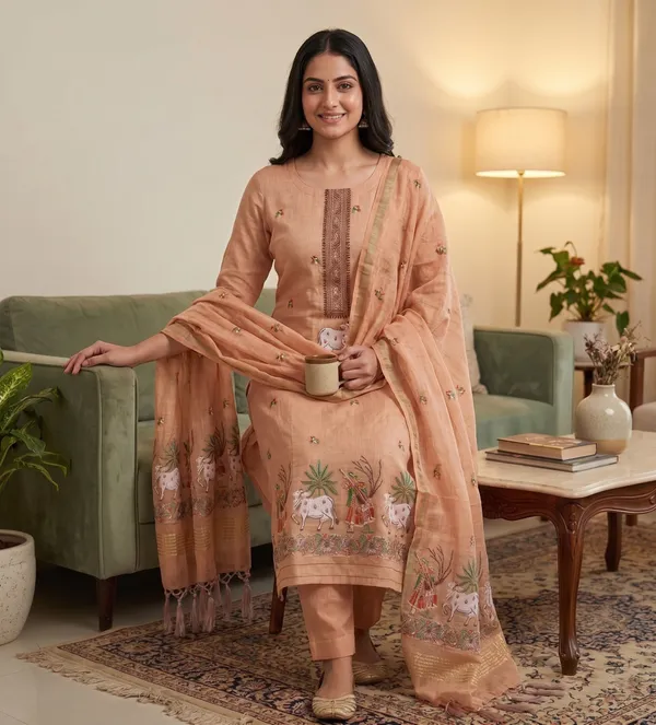 Peach_Muga_Banarasi_Cotton_Weaving_Unstitched_Kurta_Set_For_Women