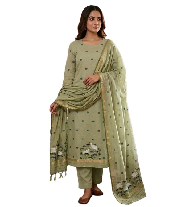 Sage_Green_Muga_Banarasi_Cotton_Weaving_Unstitched_Kurta_Set_For_Women