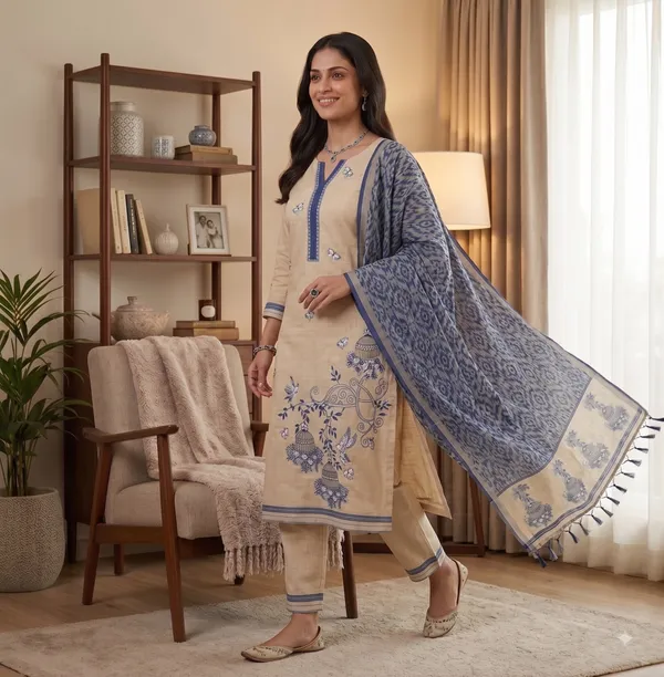 Beige_Muga_Banarasi_Cotton_Weaving_Unstitched_Kurta_Set_For_Women