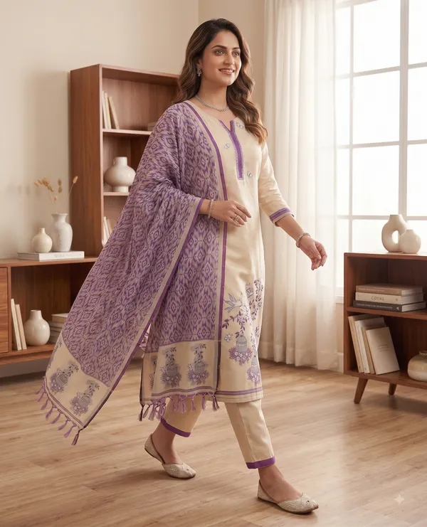 Cream_And_Purple_Muga_Banarasi_Cotton_Weaving_Unstitched_Kurta_Set_For_Women