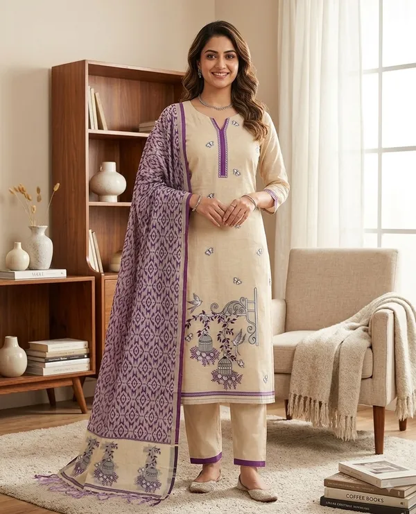 Cream_And_Purple_Muga_Banarasi_Cotton_Weaving_Unstitched_Kurta_Set_For_Women