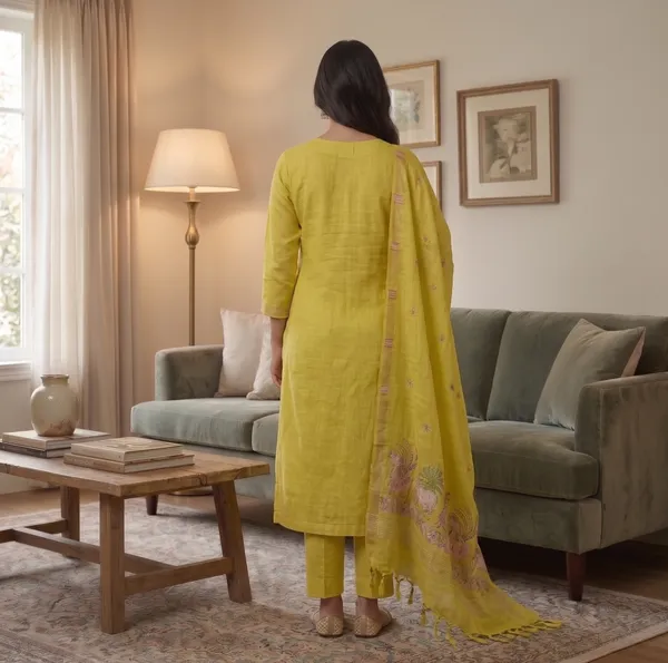 Yellow_Muga_Banarasi_Cotton_Weaving_Unstitched_Kurta_Set_For_Women