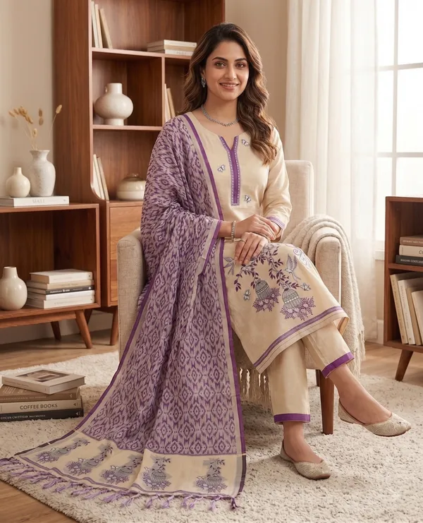 Cream_And_Purple_Muga_Banarasi_Cotton_Weaving_Unstitched_Kurta_Set_For_Women