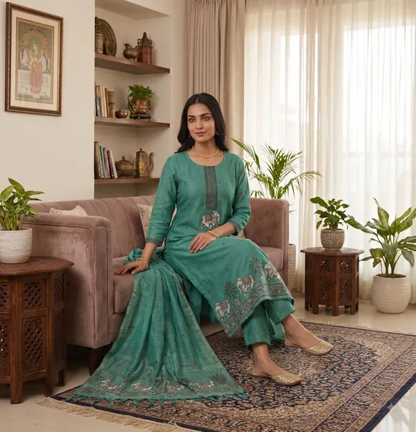Green_Muga_Banarasi_Cotton_Weaving_Unstitched_Kurta_Set_For_Women