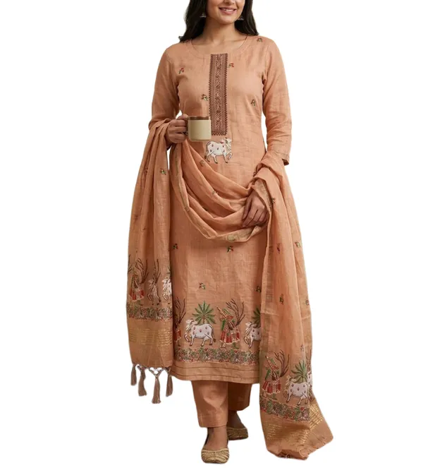 Peach_Muga_Banarasi_Cotton_Weaving_Unstitched_Kurta_Set_For_Women