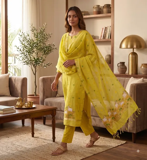 Yellow_Muga_Banarasi_Cotton_Weaving_Unstitched_Kurta_Set_For_Women