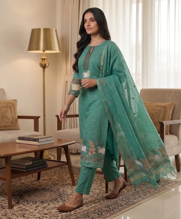 Green_Muga_Banarasi_Cotton_Weaving_Unstitched_Kurta_Set_For_Women