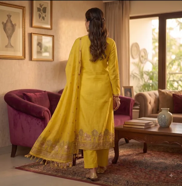 Yellow_Muga_Banarasi_Cotton_Weaving_Unstitched_Kurta_Set_For_Women
