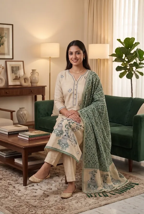 Cream_And_Green_Muga_Banarasi_Cotton_Weaving_Unstitched_Kurta_Set_For_Women