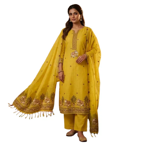 Yellow_Muga_Banarasi_Cotton_Weaving_Unstitched_Kurta_Set_For_Women