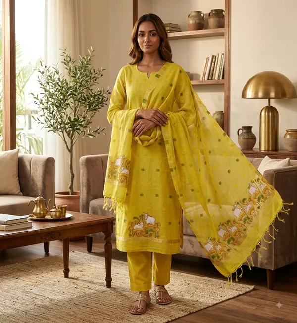 Yellow_Muga_Banarasi_Cotton_Weaving_Unstitched_Kurta_Set_For_Women