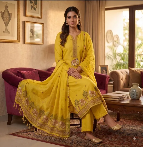 Yellow_Muga_Banarasi_Cotton_Weaving_Unstitched_Kurta_Set_For_Women