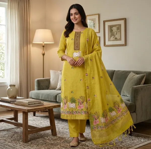 Yellow_Muga_Banarasi_Cotton_Weaving_Unstitched_Kurta_Set_For_Women