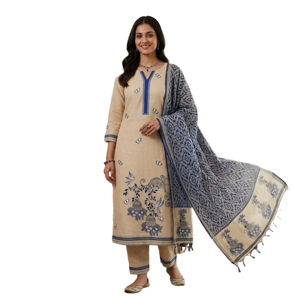Beige_Muga_Banarasi_Cotton_Weaving_Unstitched_Kurta_Set_For_Women