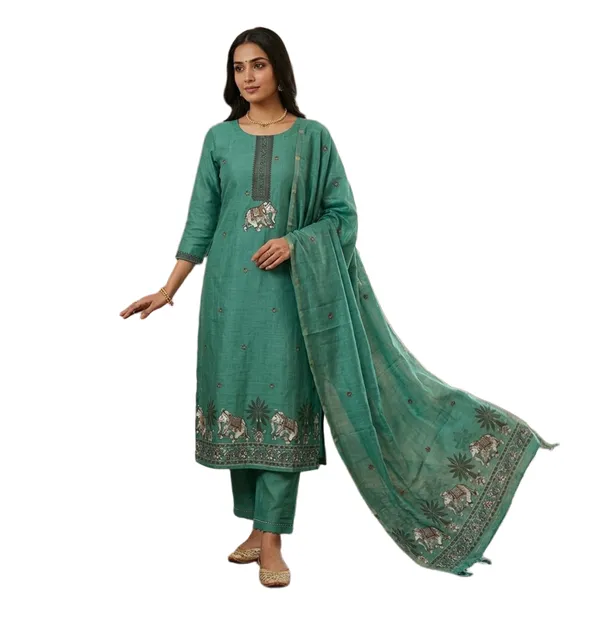 Green_Muga_Banarasi_Cotton_Weaving_Unstitched_Kurta_Set_For_Women