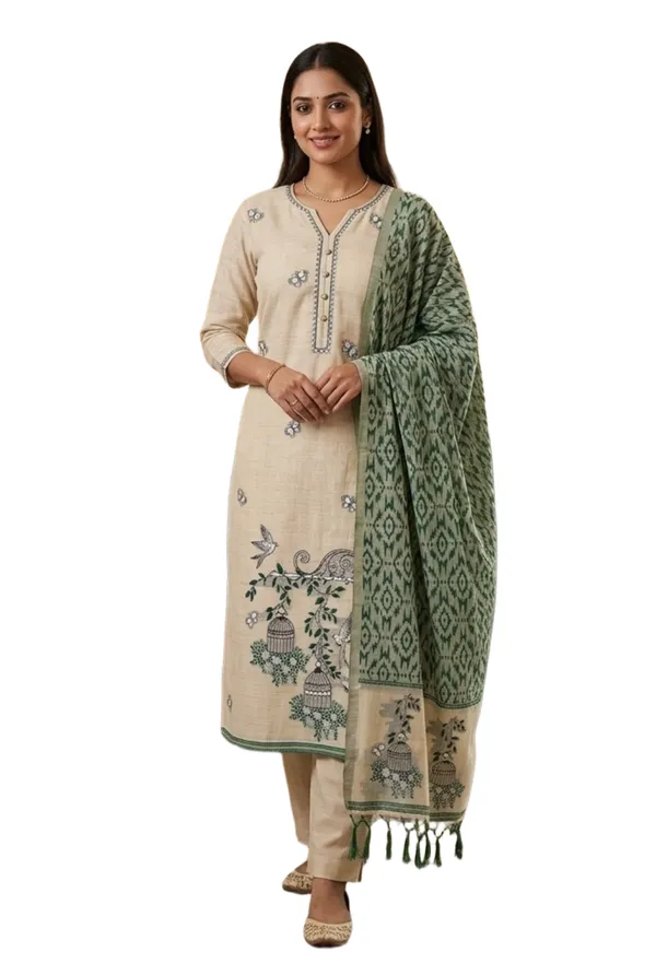 Cream_And_Green_Muga_Banarasi_Cotton_Weaving_Unstitched_Kurta_Set_For_Women