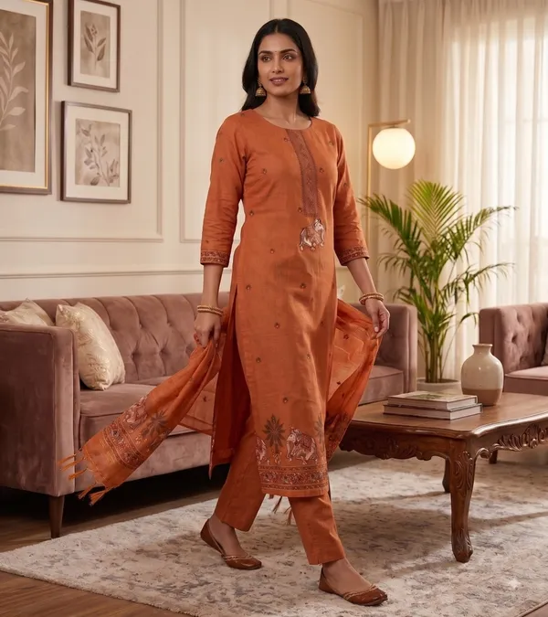 Rust_Muga_Banarasi_Cotton_Weaving_Unstitched_Kurta_Set_For_Women
