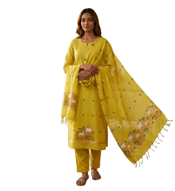 Yellow_Muga_Banarasi_Cotton_Weaving_Unstitched_Kurta_Set_For_Women