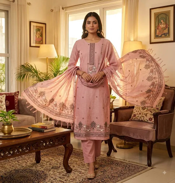 Pink_Muga_Banarasi_Cotton_Weaving_Unstitched_Kurta_Set_For_Women